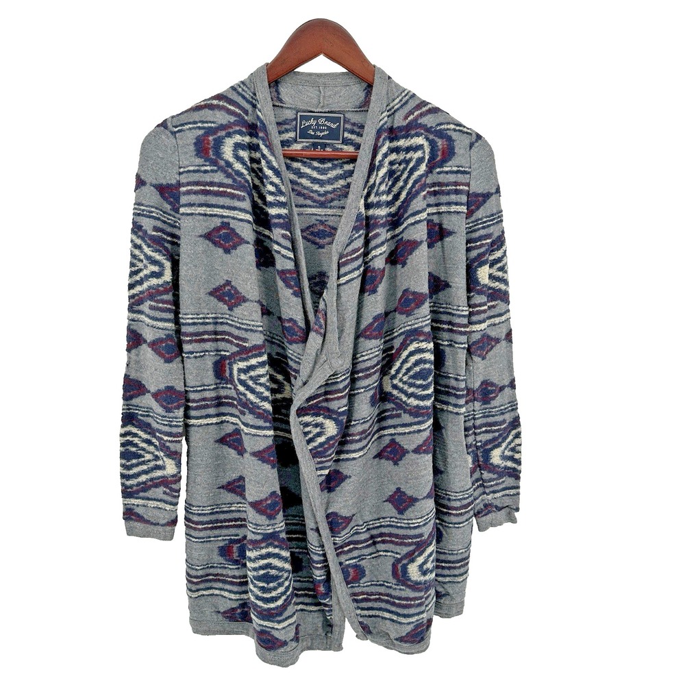 Lucky Brand S Gray Purple Aztec Southwest Print Wool Blend Cardigan Sweater
